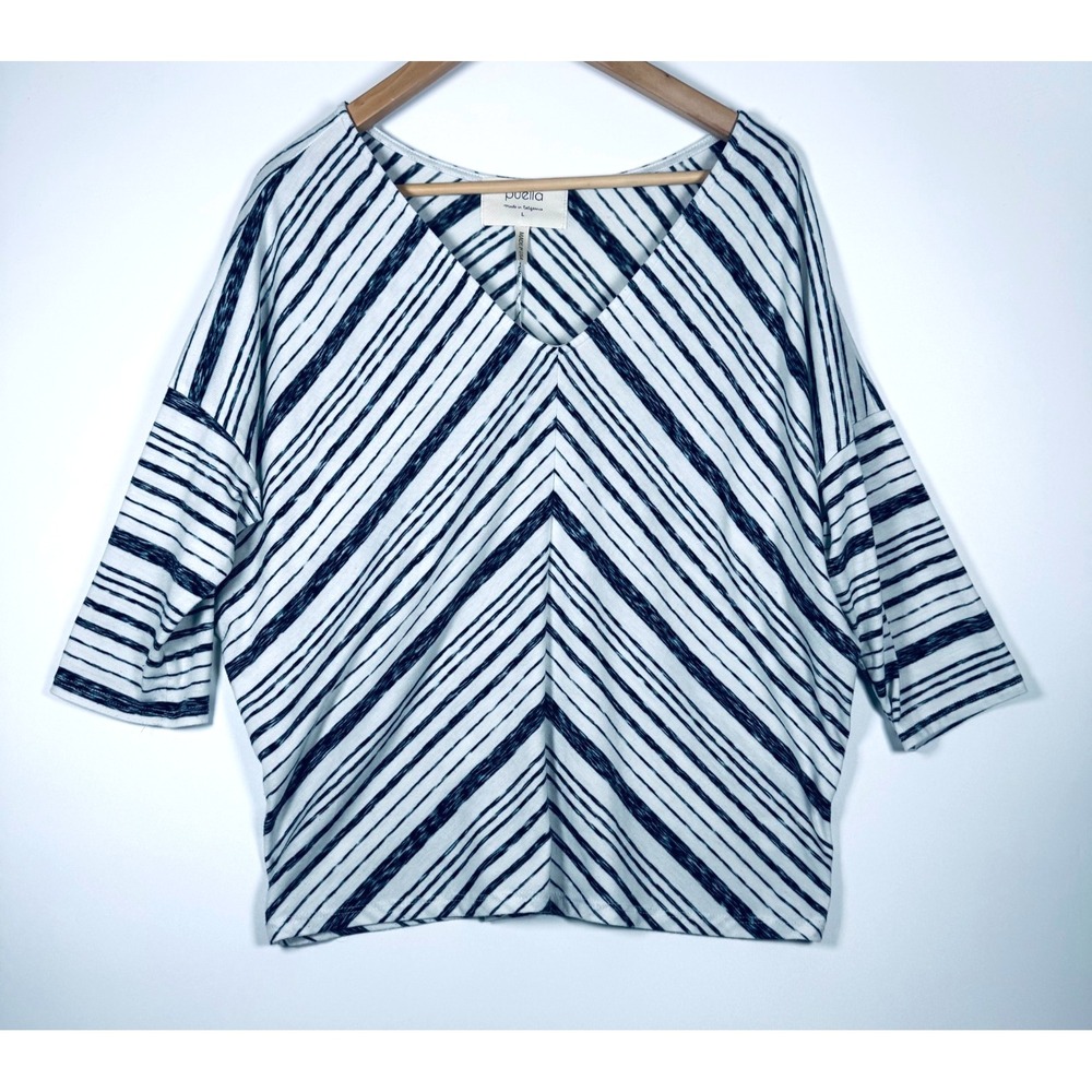 Puella Top Womens Large Blue‎ White Chevron Stripe Dolman Sleeve V Neck USA Made